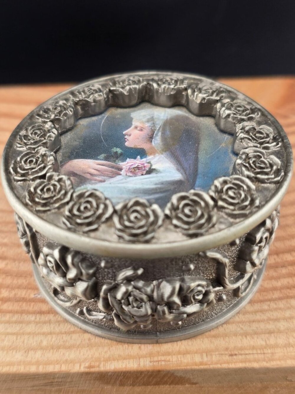 Pewter Like Round Trinket Box With Rose Pattern Religious Art Lid 2.25"